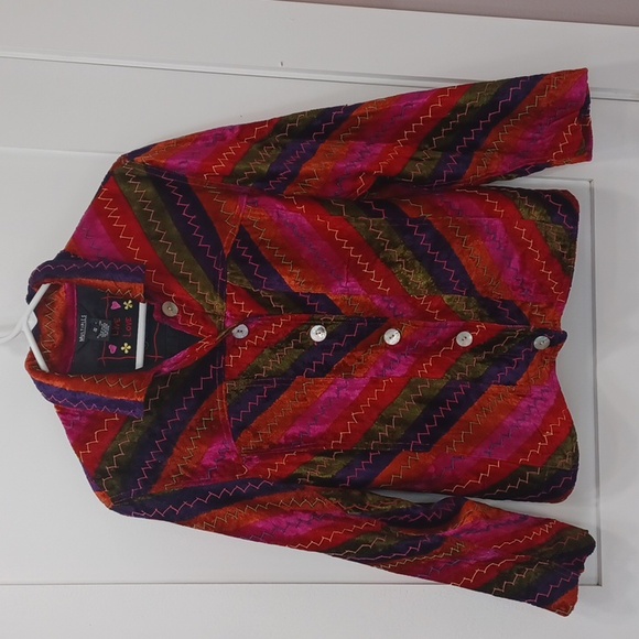 Colorful Velour button jacket blazer shacket chevron Pink Purple Green stripes - Picture 1 of 5